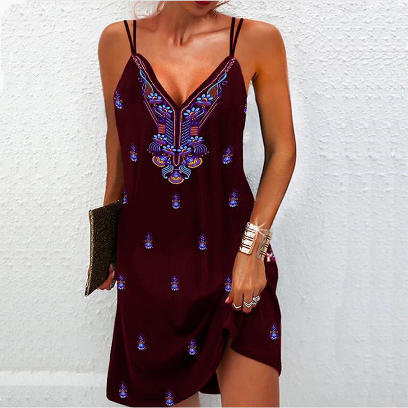 Women's Summer Boho V-Neck Dress - Flowy Bohemian Maxi Dress for Beach Vacation