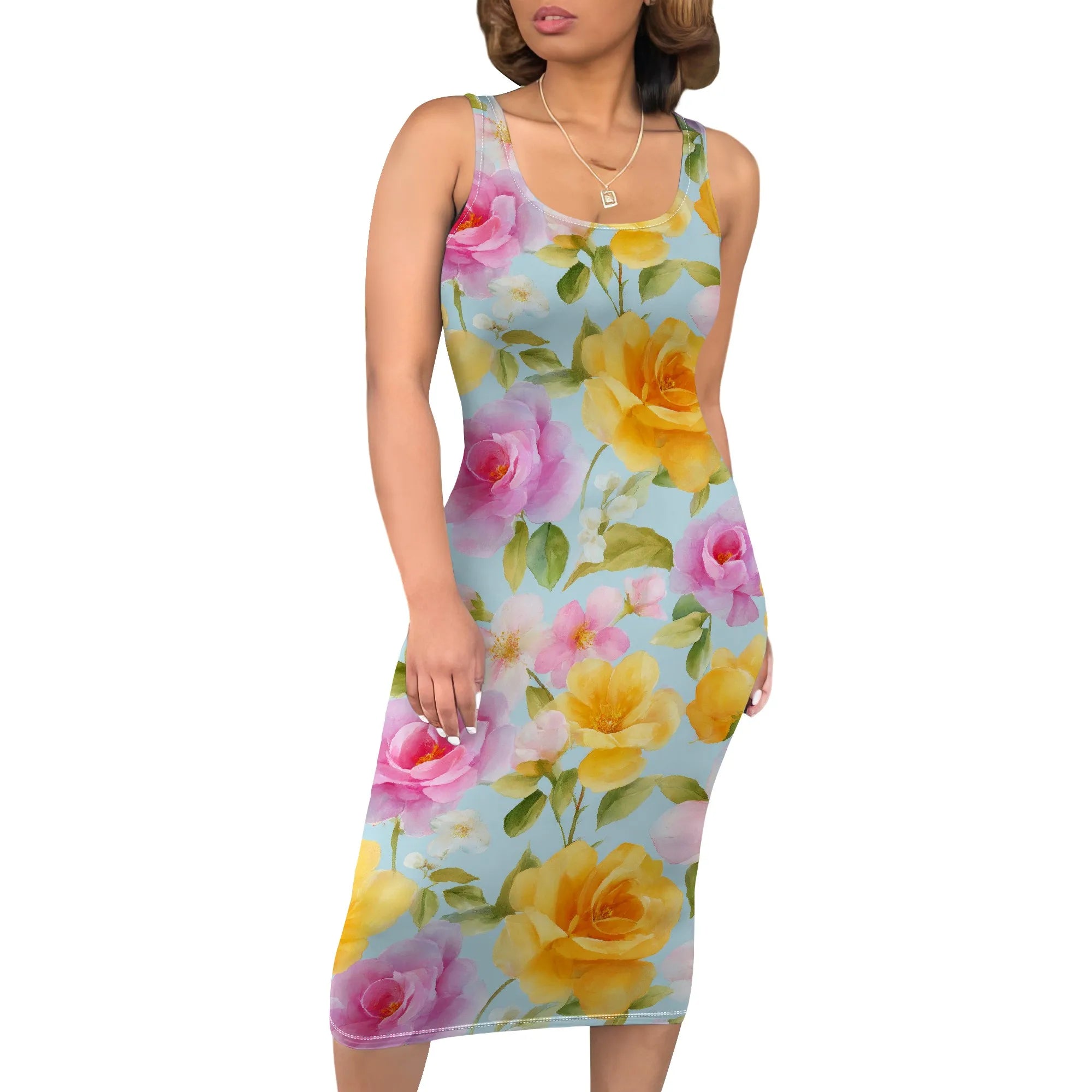 Boho Floral Midi Sundress with Pockets - Sleeveless Women's Tank Dress