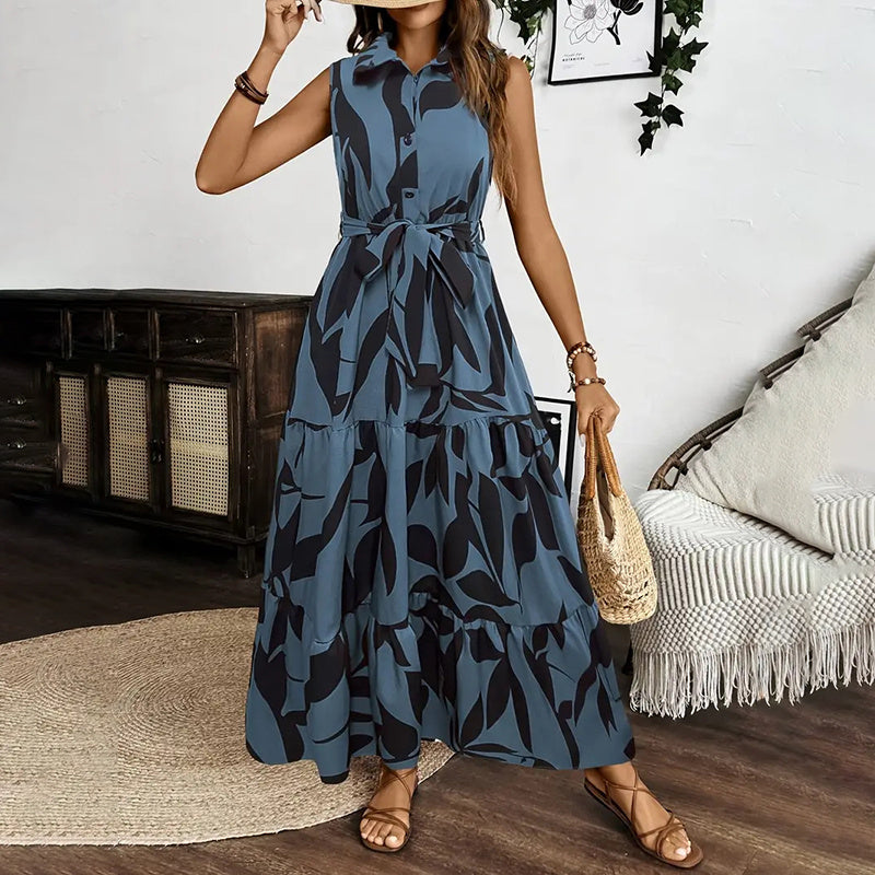 Boho Floral Maxi Dress with Belt - Sleeveless Tiered Summer Beach Dress