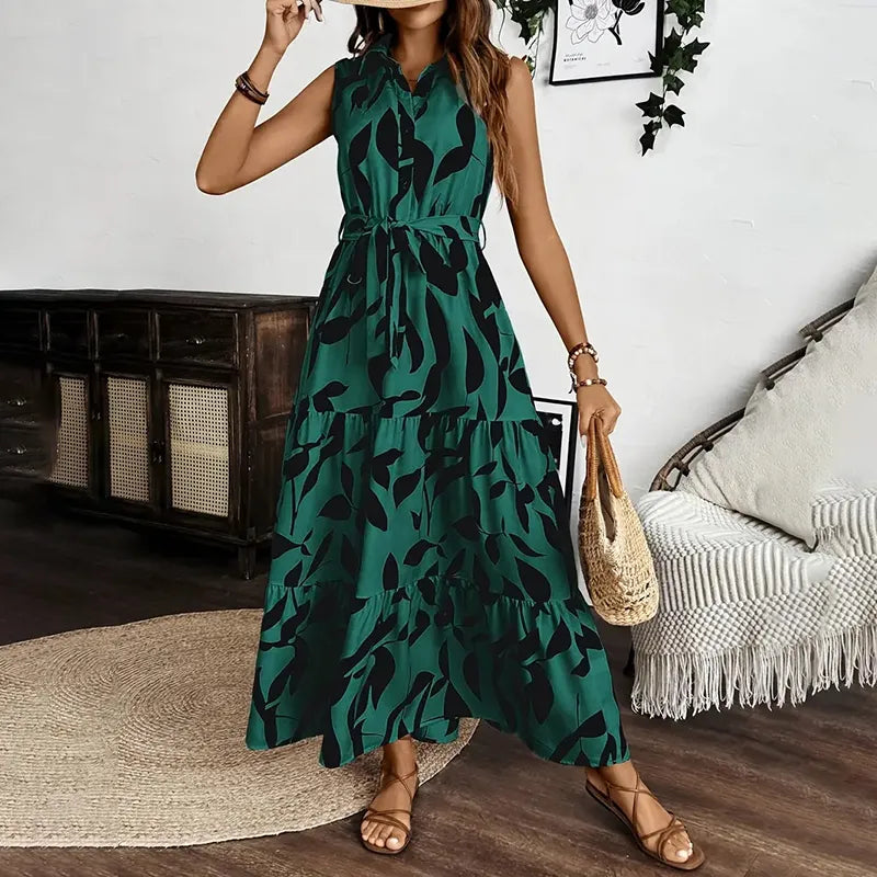 Boho Floral Maxi Dress with Belt - Sleeveless Tiered Summer Beach Dress