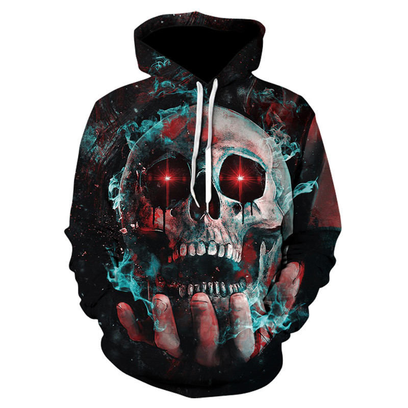 Scary Skull Print Hoodie - Gothic Loose Fit Long Sleeve Hooded Sweatshirt for Street Style