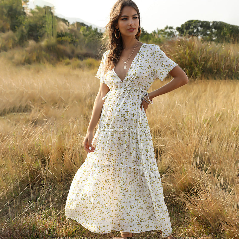 Women's Summer Boho Floral V-Neck Long Dress - Sexy Flowy Maxi with Short Sleeves, High Waist