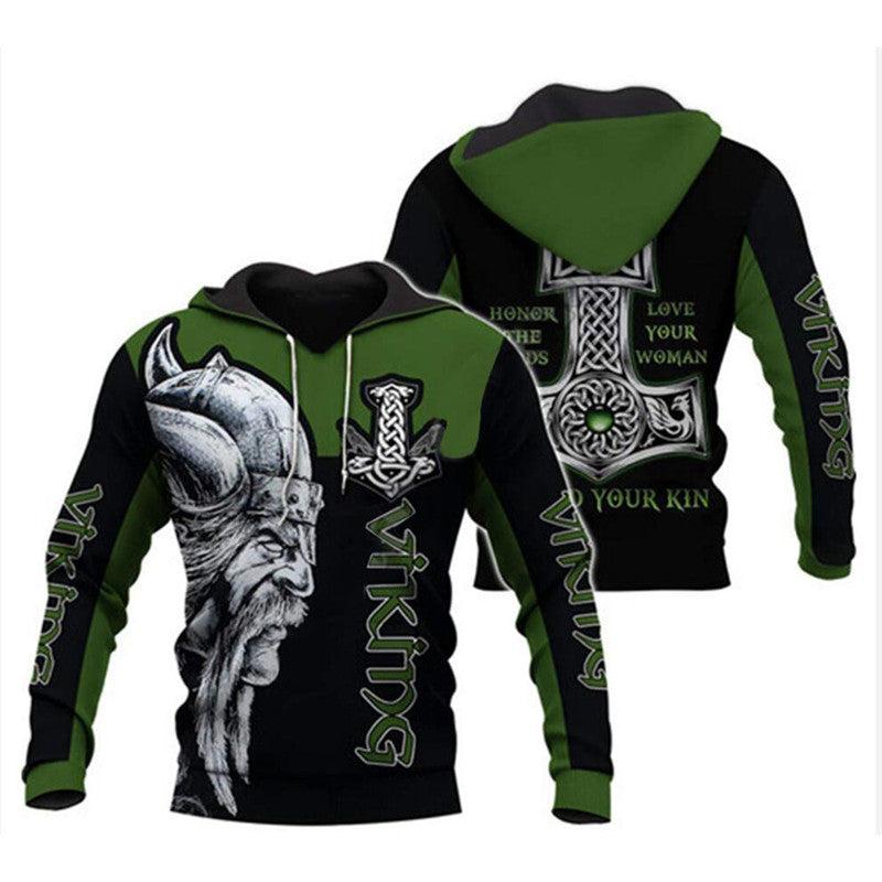 Jing Viking Warrior 3D Print Hoodie - Unisex Norse Mythology All-Over Sublimation Pullover Sweatshirt