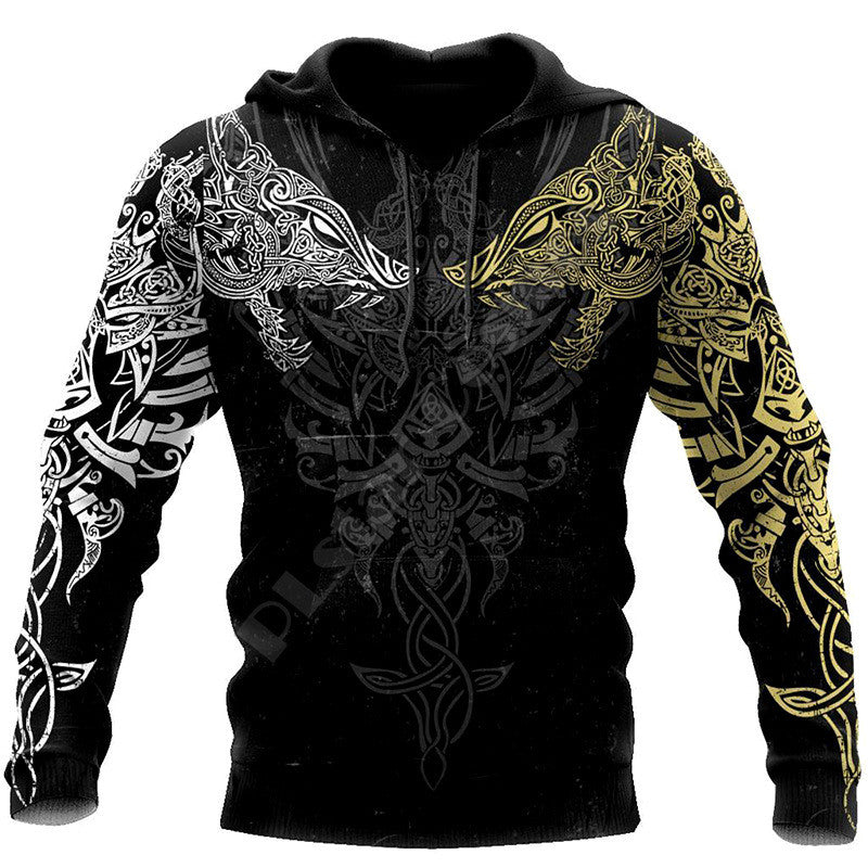 Jing Viking Warrior 3D Print Hoodie - Unisex Norse Mythology All-Over Sublimation Pullover Sweatshirt