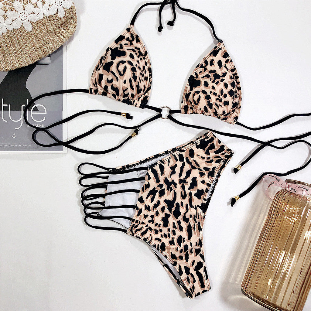 Leopard Print High-Waisted Bikini Set - Strappy Halter Cheeky Swimsuit