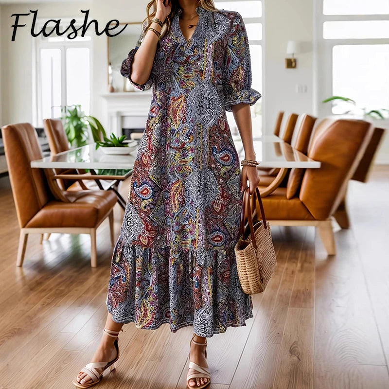 Boho V-Neck Floral Print Midi Dress - Half-Sleeve Plus Size Vacation Style