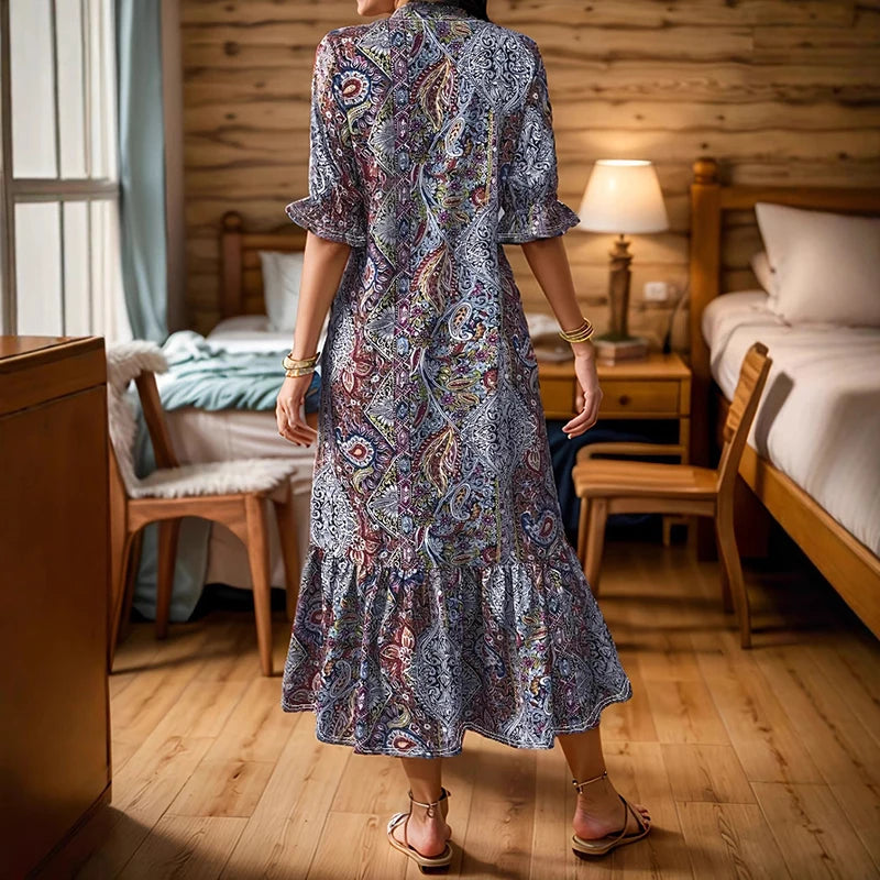 Boho V-Neck Floral Print Midi Dress - Half-Sleeve Plus Size Vacation Style