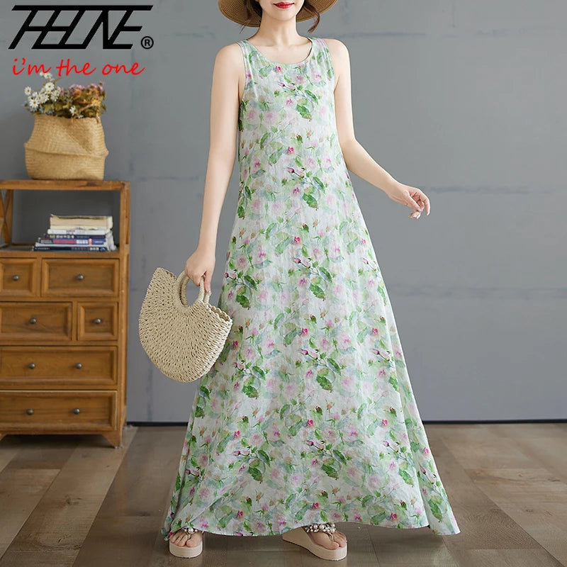 Boho Cotton Linen Floral Maxi Sundress - Sleeveless Vintage Beach Gown