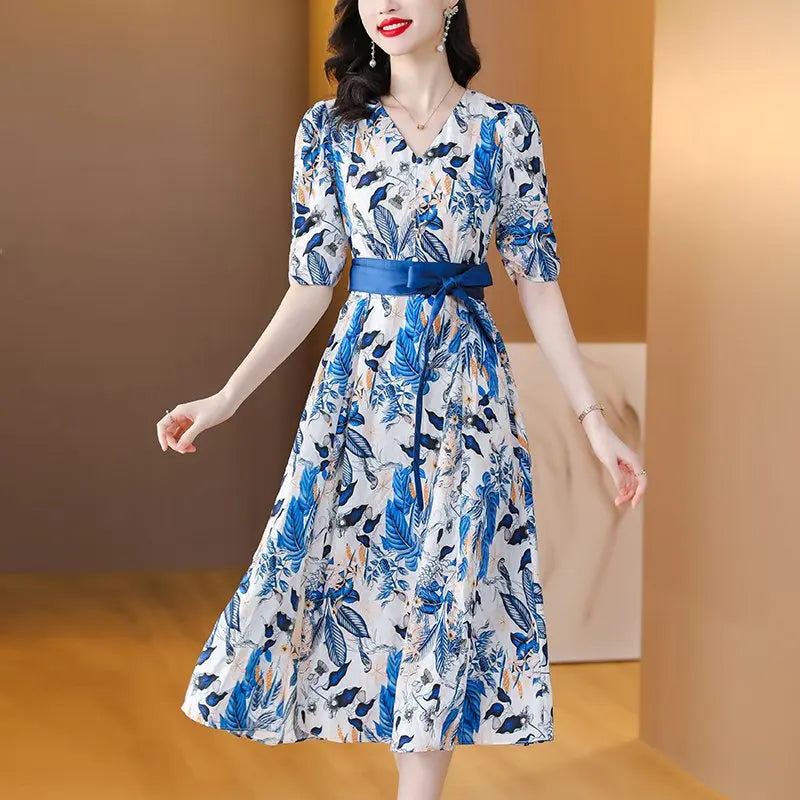 Boho Silk Chiffon Floral Midi Dress - V-Neck Vintage Sundress with Sash