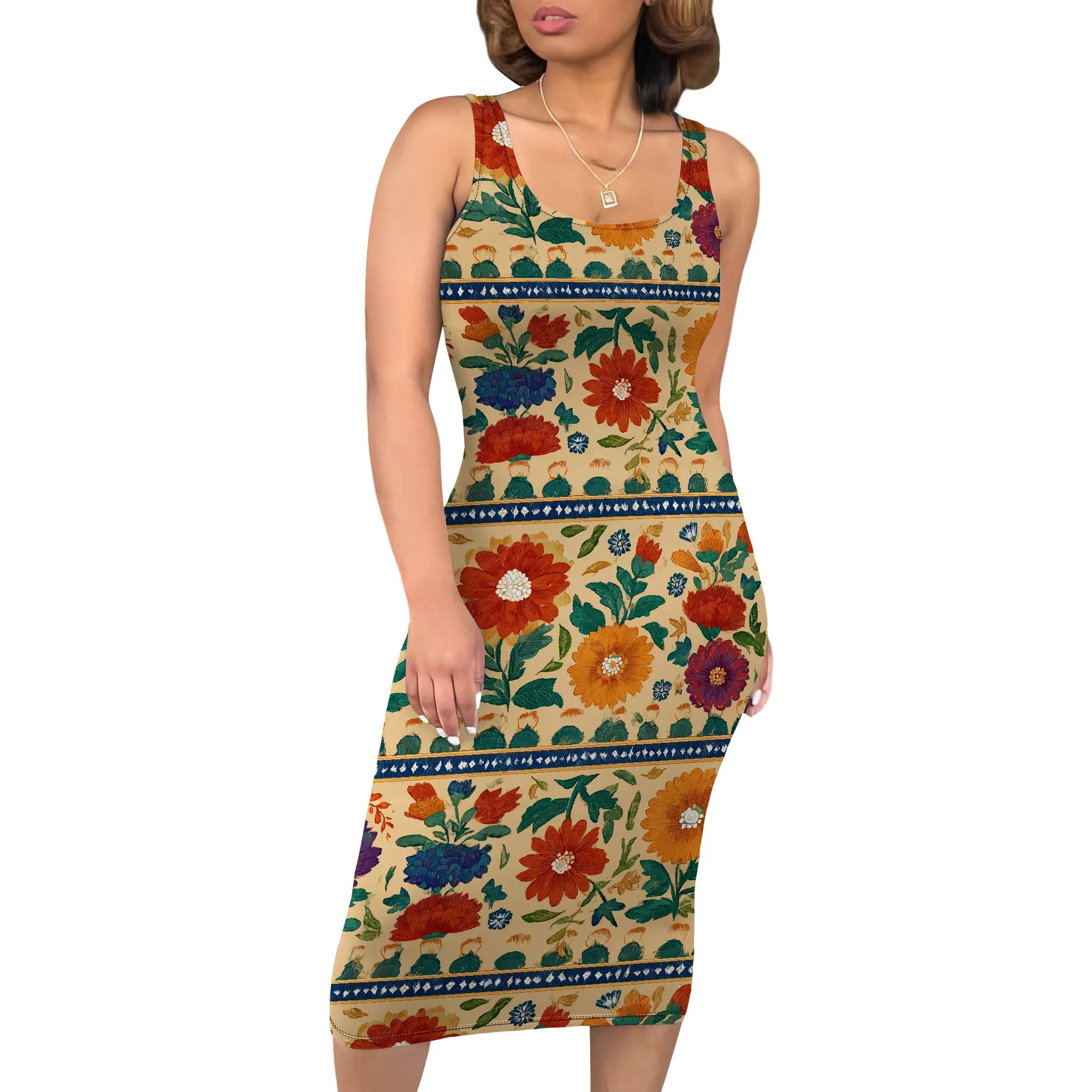 Boho Floral Midi Sundress with Pockets - Sleeveless Women's Tank Dress