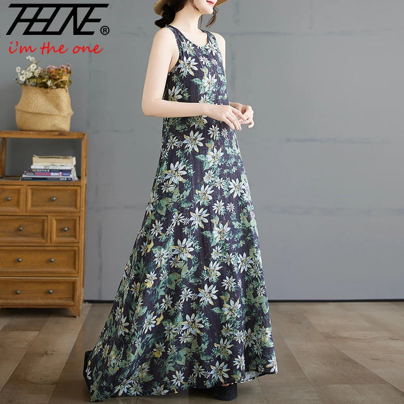 Boho Cotton Linen Floral Maxi Sundress - Sleeveless Vintage Beach Gown