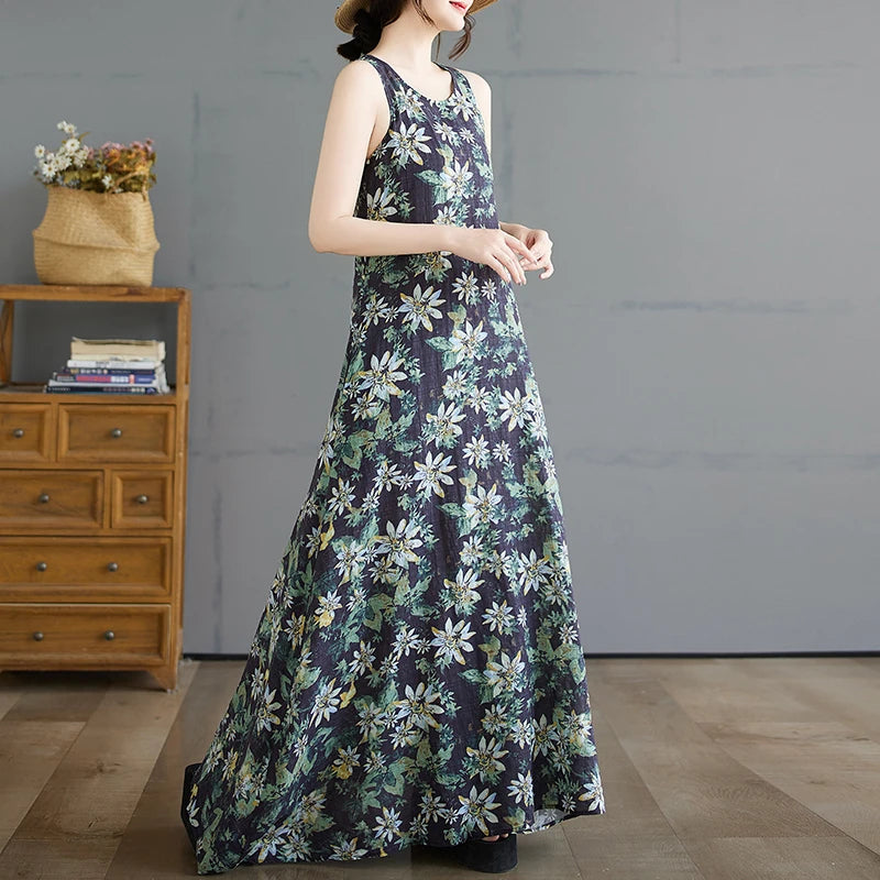 Boho Cotton Linen Floral Maxi Sundress - Sleeveless Vintage Beach Gown