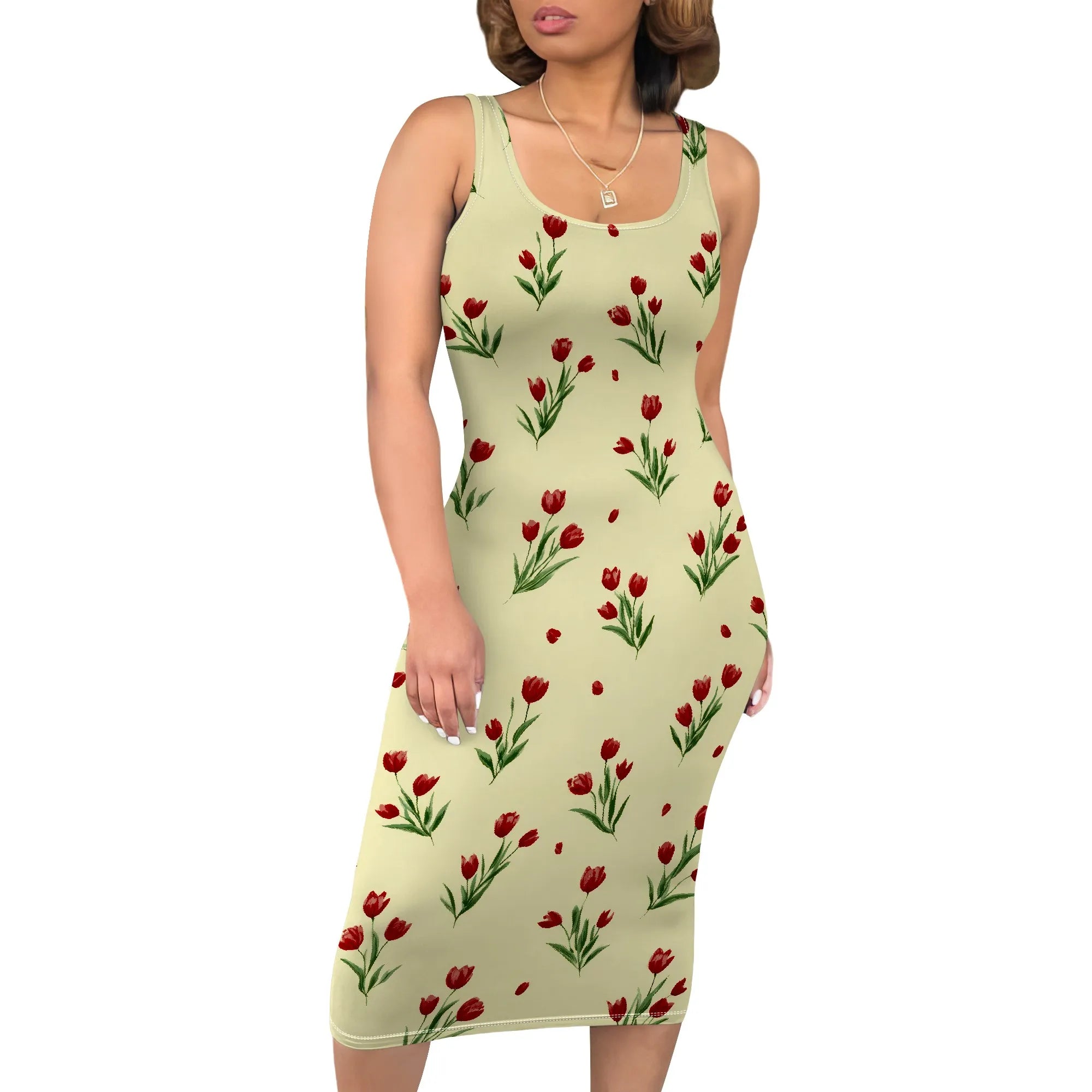 Boho Floral Midi Sundress with Pockets - Sleeveless Women's Tank Dress