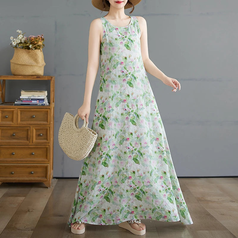 Boho Cotton Linen Floral Maxi Sundress - Sleeveless Vintage Beach Gown
