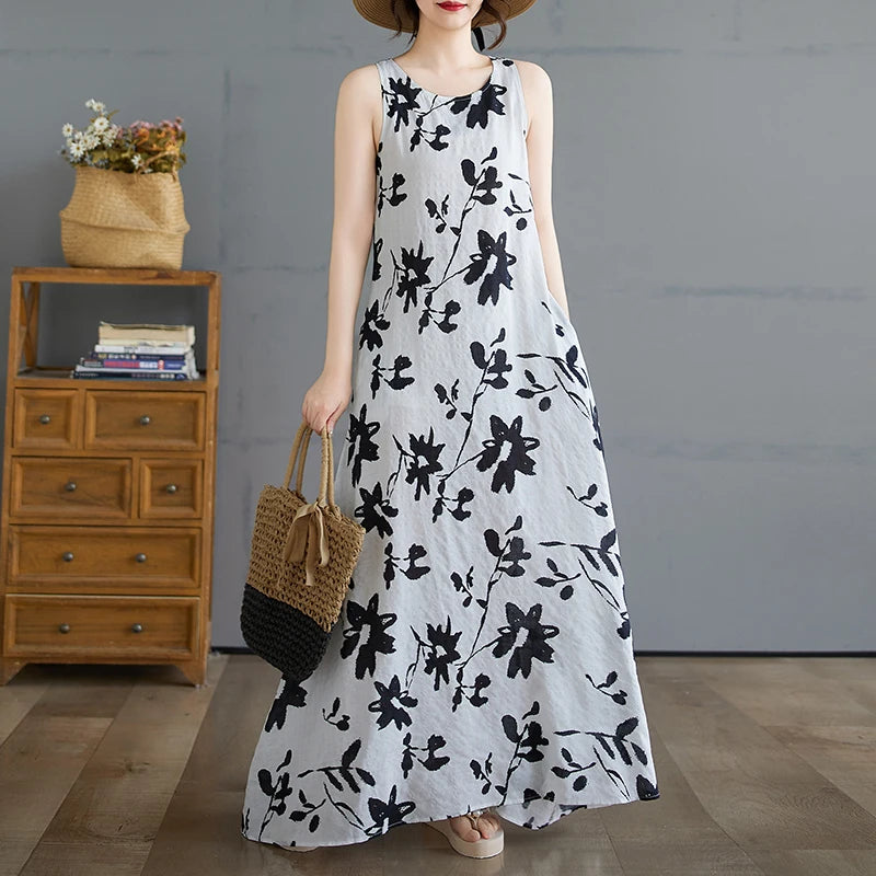 Boho Cotton Linen Floral Maxi Sundress - Sleeveless Vintage Beach Gown