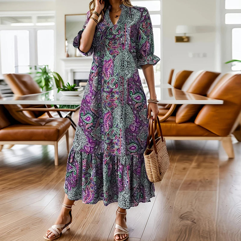 Boho V-Neck Floral Print Midi Dress - Half-Sleeve Plus Size Vacation Style