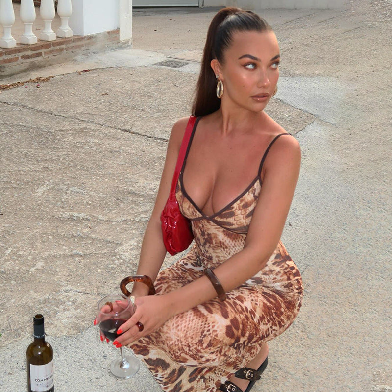 Leopard Print Mesh Bodycon Maxi Dress - Women's Sexy Sleeveless Animal Print Long Dress