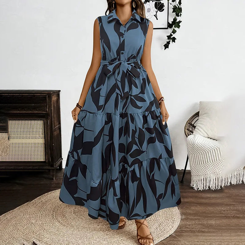 Boho Floral Maxi Dress with Belt - Sleeveless Tiered Summer Beach Dress