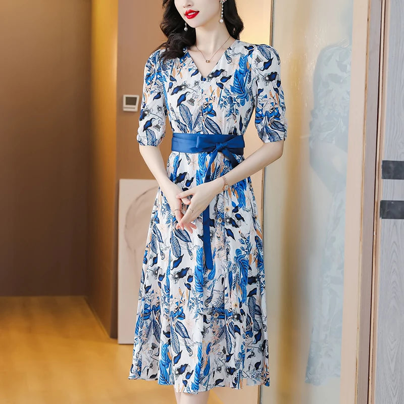 Boho Silk Chiffon Floral Midi Dress - V-Neck Vintage Sundress with Sash