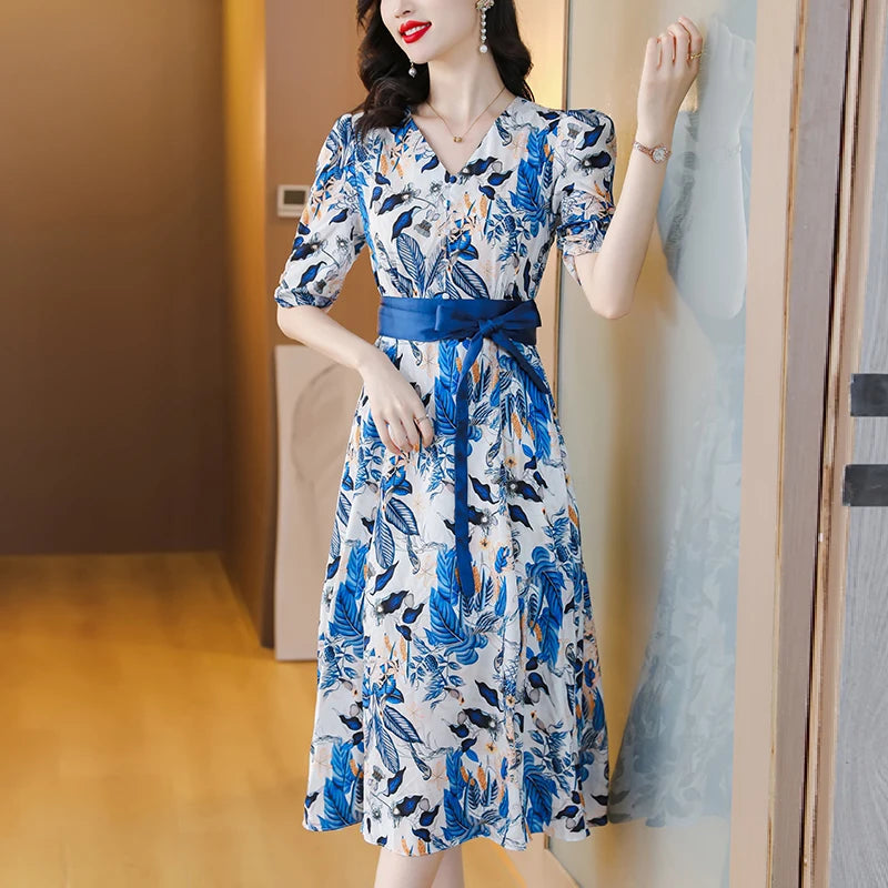 Boho Silk Chiffon Floral Midi Dress - V-Neck Vintage Sundress with Sash