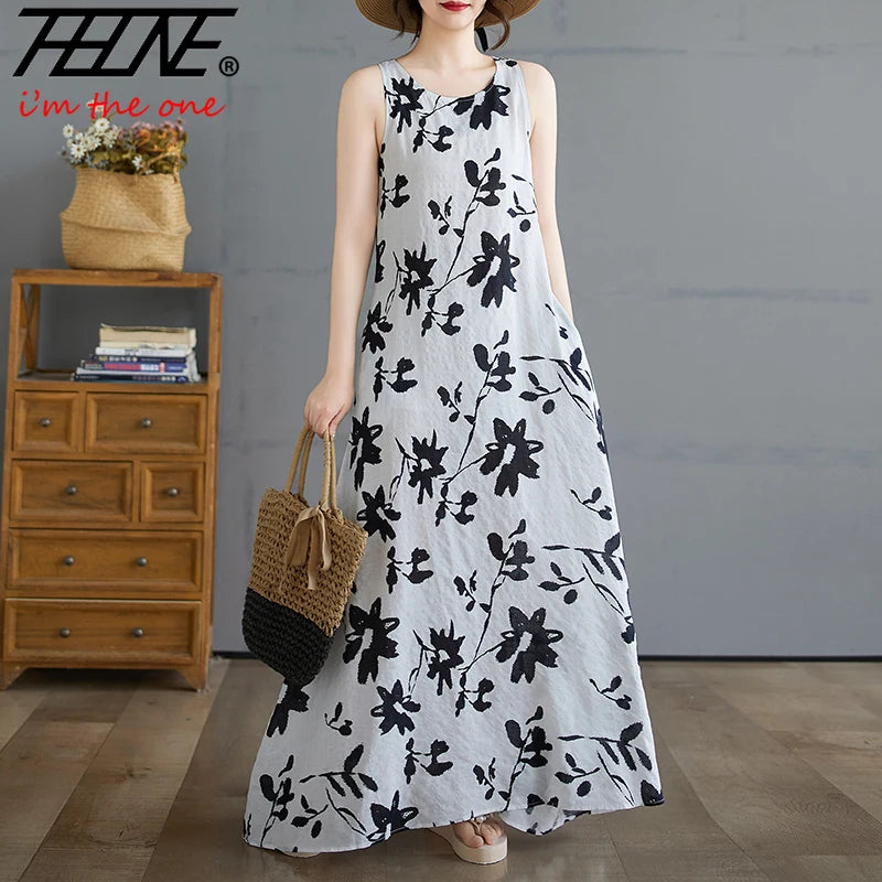 Boho Cotton Linen Floral Maxi Sundress - Sleeveless Vintage Beach Gown