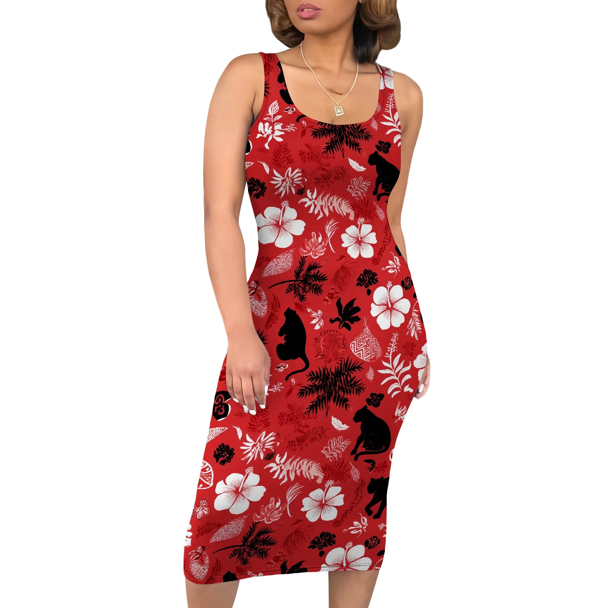 Boho Floral Midi Sundress with Pockets - Sleeveless Women's Tank Dress