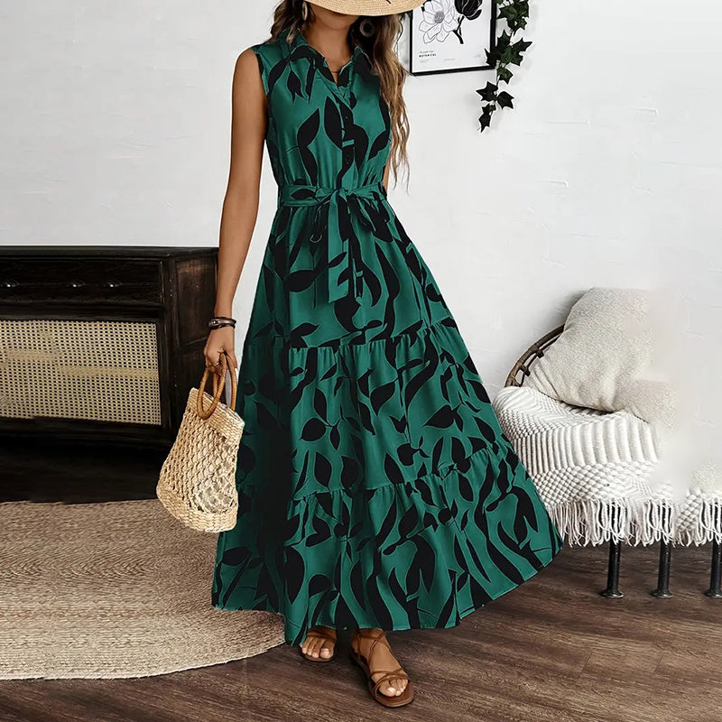 Boho Floral Maxi Dress with Belt - Sleeveless Tiered Summer Beach Dress