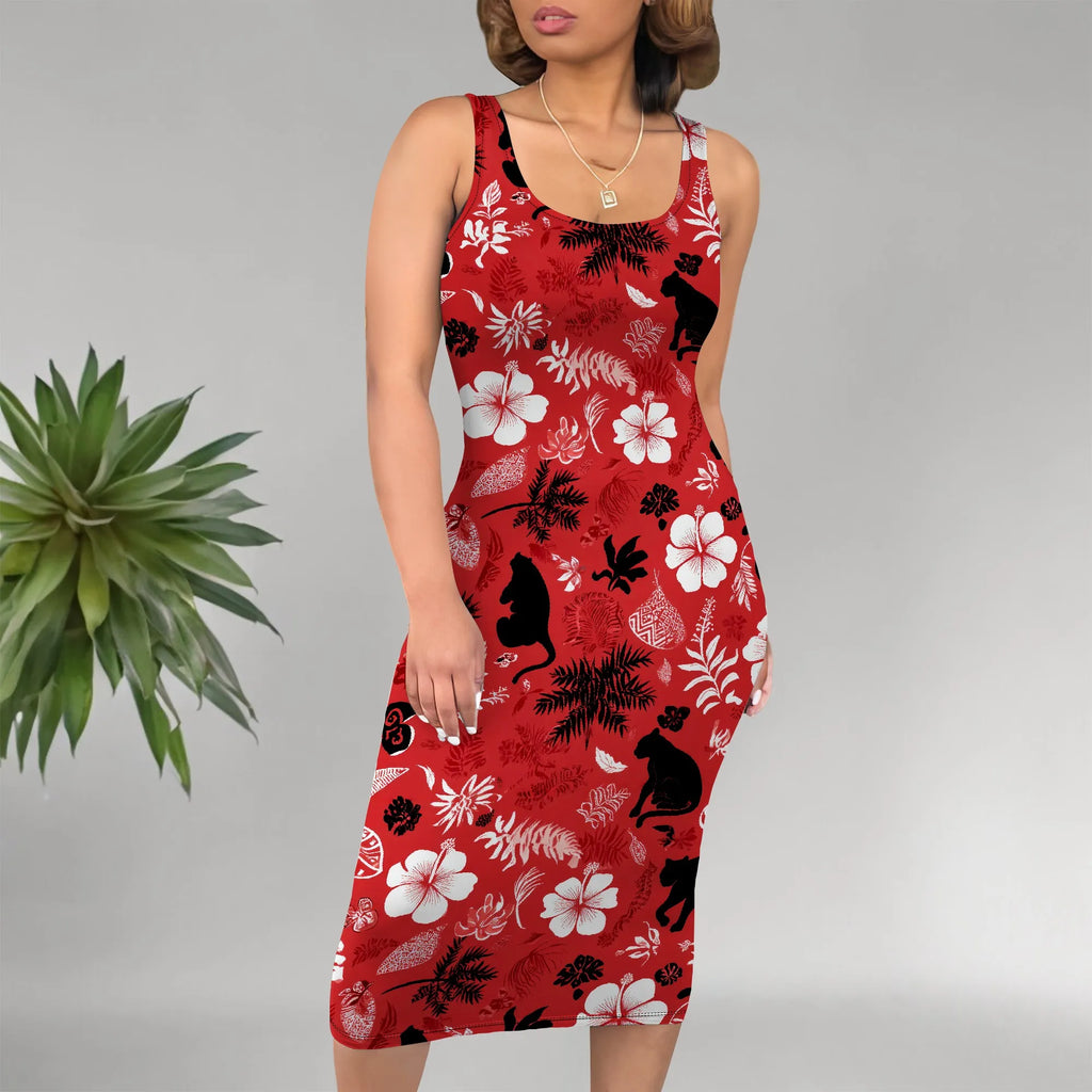 Boho Floral Midi Sundress with Pockets - Sleeveless Women's Tank Dress