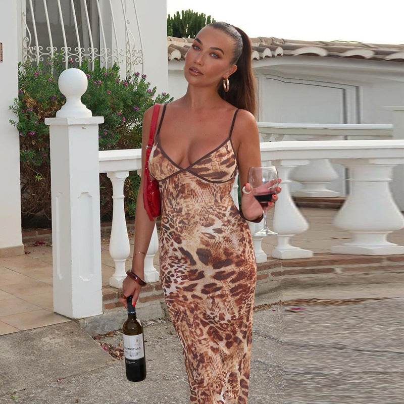 Leopard Print Mesh Bodycon Maxi Dress - Women's Sexy Sleeveless Animal Print Long Dress