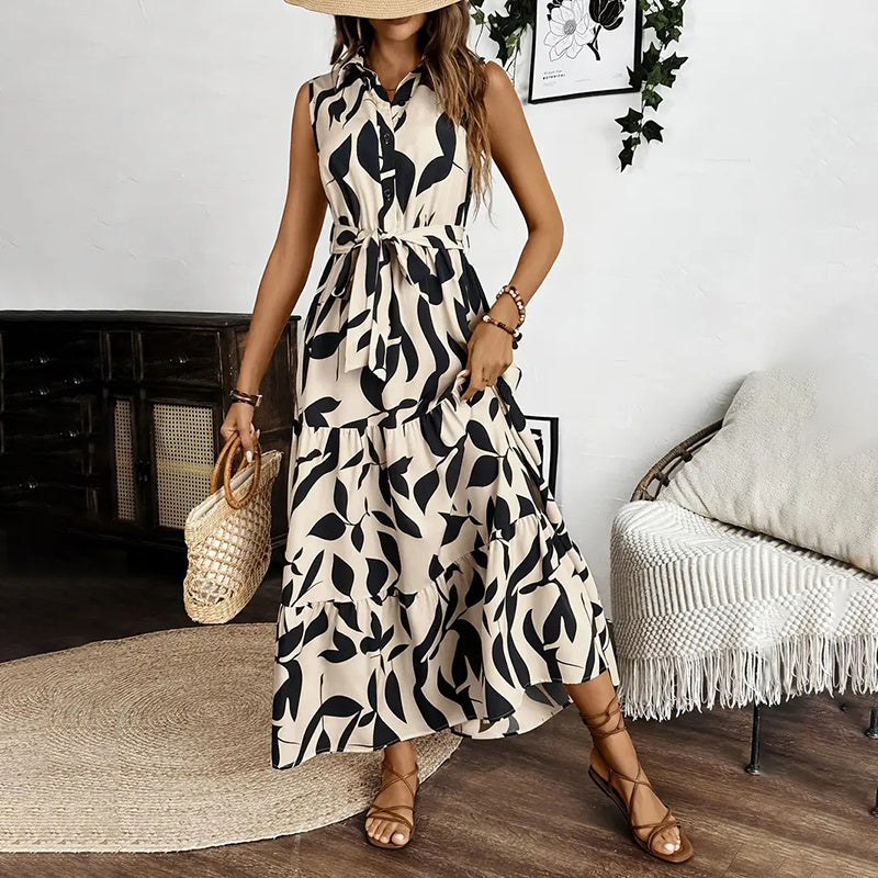 Boho Floral Maxi Dress with Belt - Sleeveless Tiered Summer Beach Dress