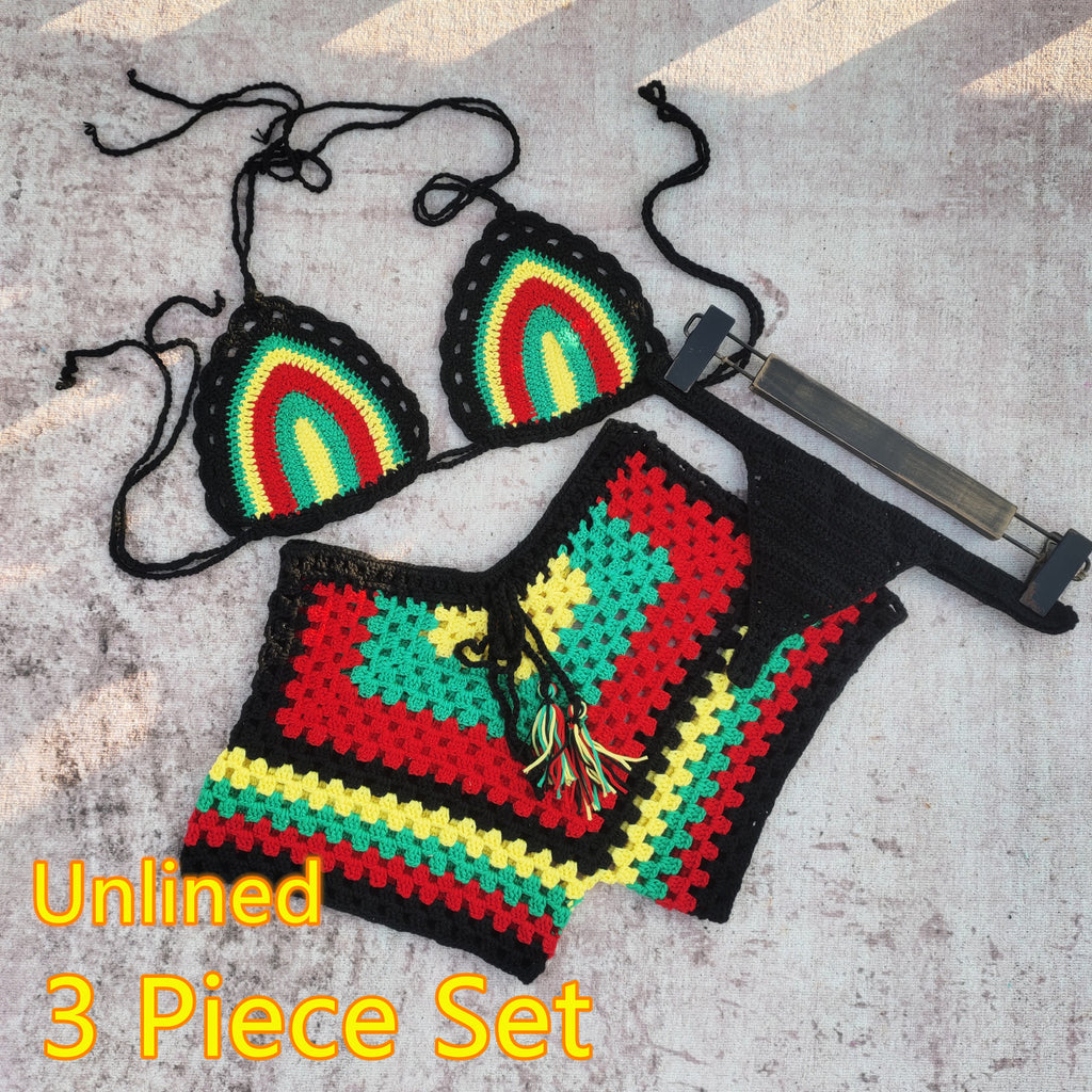 Rasta Crochet Brazilian Bikini Set - Handmade Unlined Triangle Top & High-Cut Bottoms