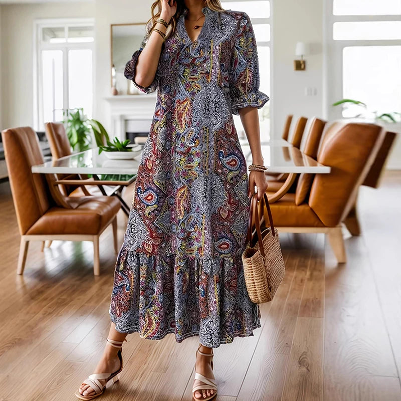 Boho V-Neck Floral Print Midi Dress - Half-Sleeve Plus Size Vacation Style