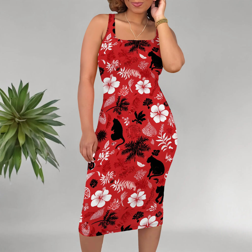 Boho Floral Midi Sundress with Pockets - Sleeveless Women's Tank Dress