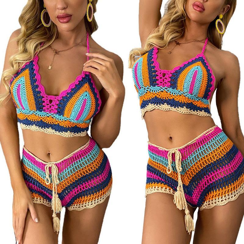 Rainbow Crochet Two-Pc Set - Halter Crop Top & High-Waisted Shorts, Boho Festival Beach Cover-Up