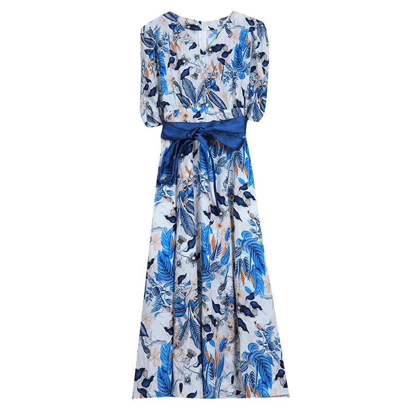 Boho Silk Chiffon Floral Midi Dress - V-Neck Vintage Sundress with Sash