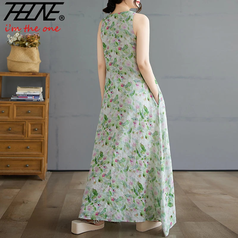 Boho Cotton Linen Floral Maxi Sundress - Sleeveless Vintage Beach Gown