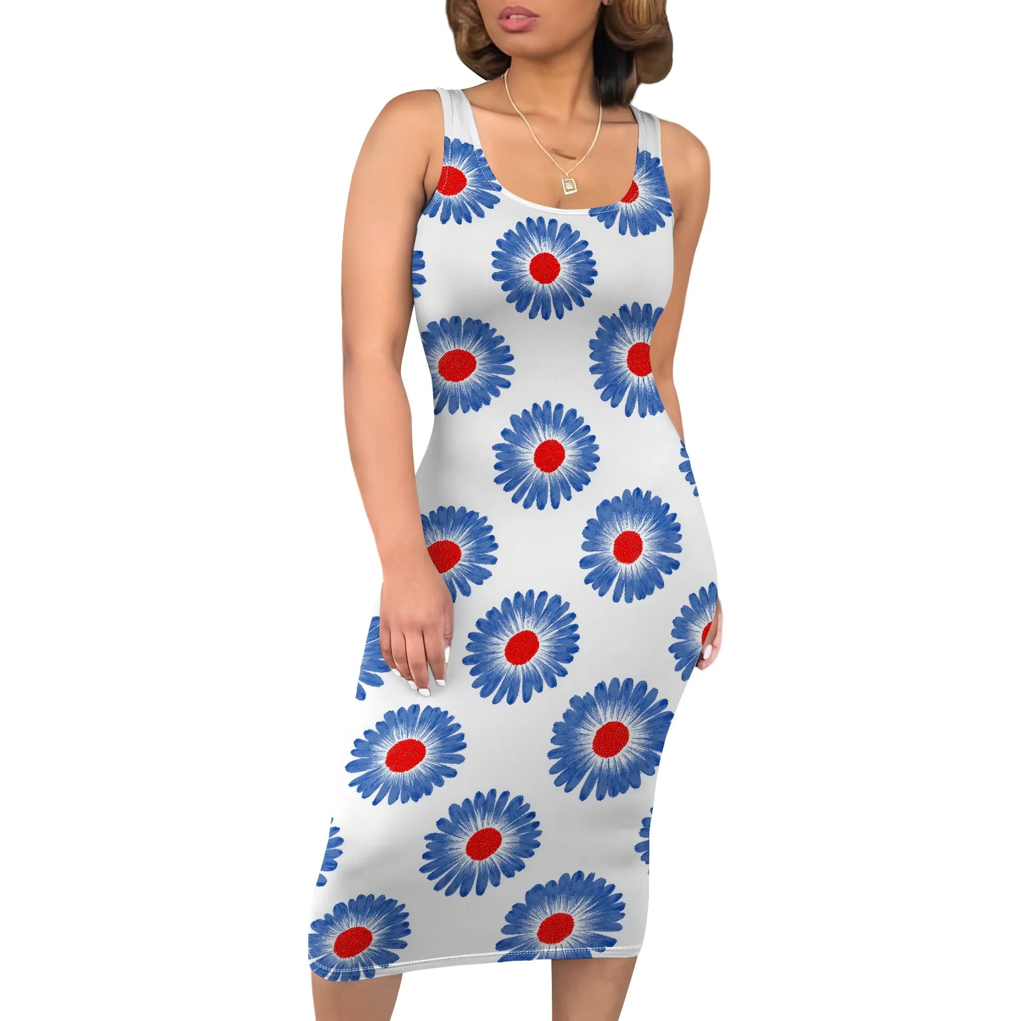 Boho Floral Midi Sundress with Pockets - Sleeveless Women's Tank Dress