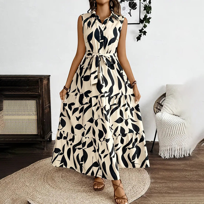 Boho Floral Maxi Dress with Belt - Sleeveless Tiered Summer Beach Dress