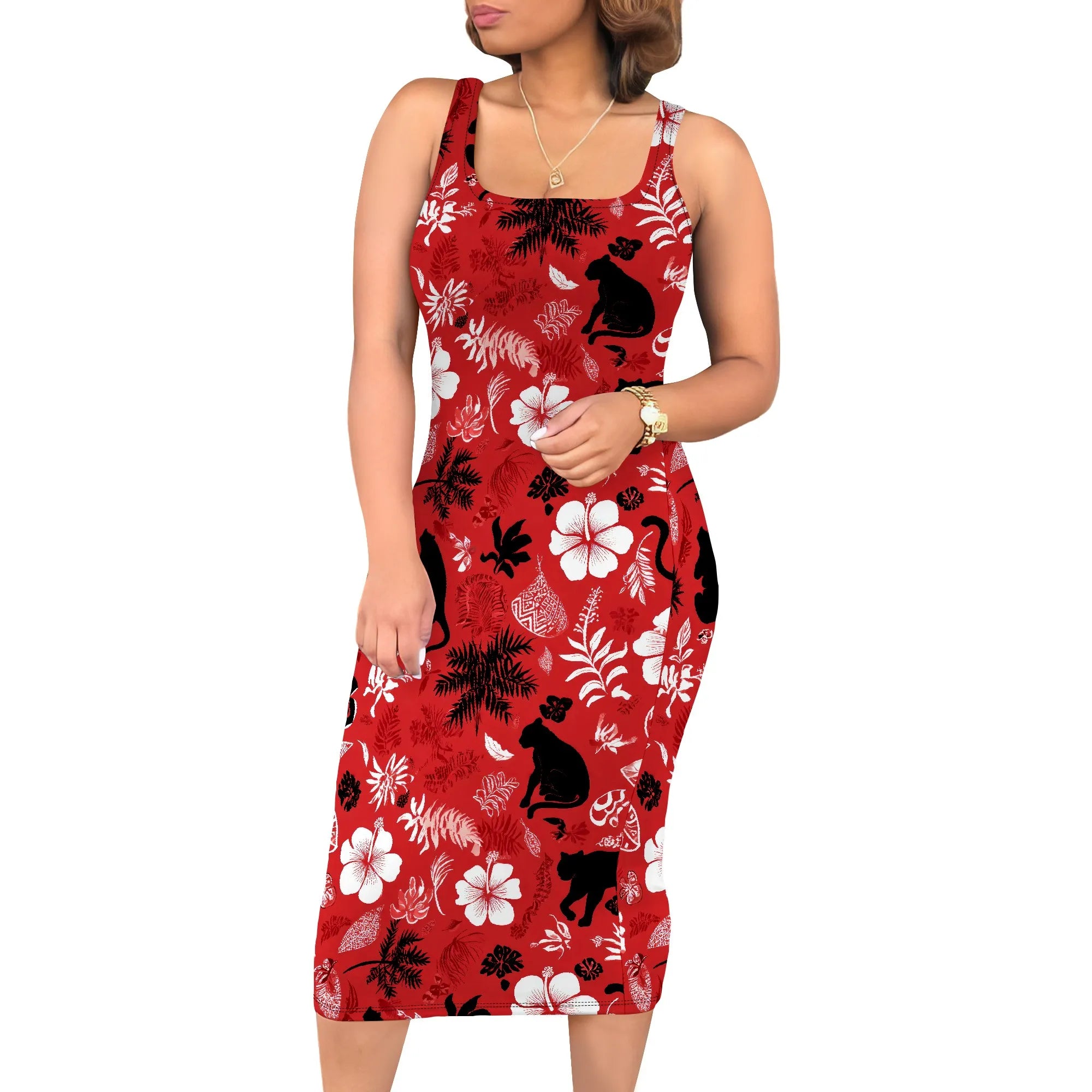 Boho Floral Midi Sundress with Pockets - Sleeveless Women's Tank Dress