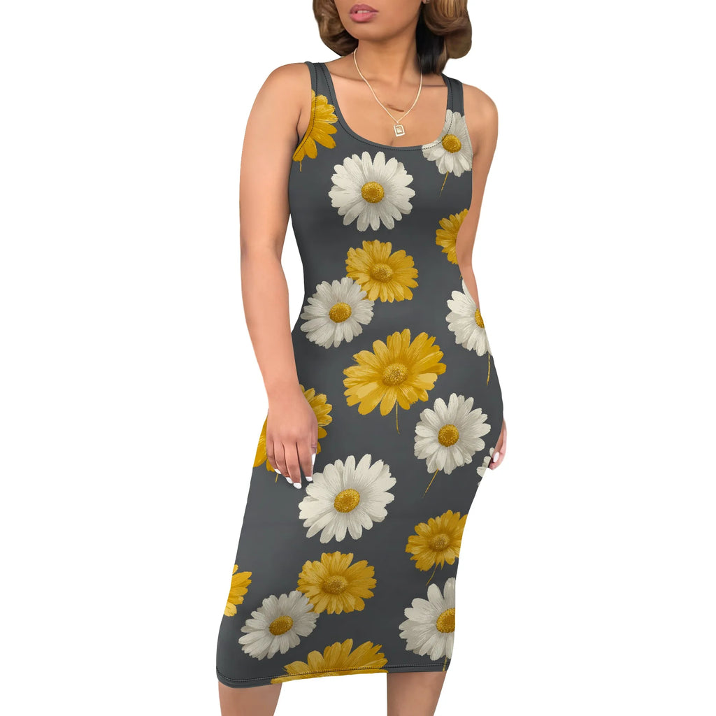 Boho Floral Midi Sundress with Pockets - Sleeveless Women's Tank Dress