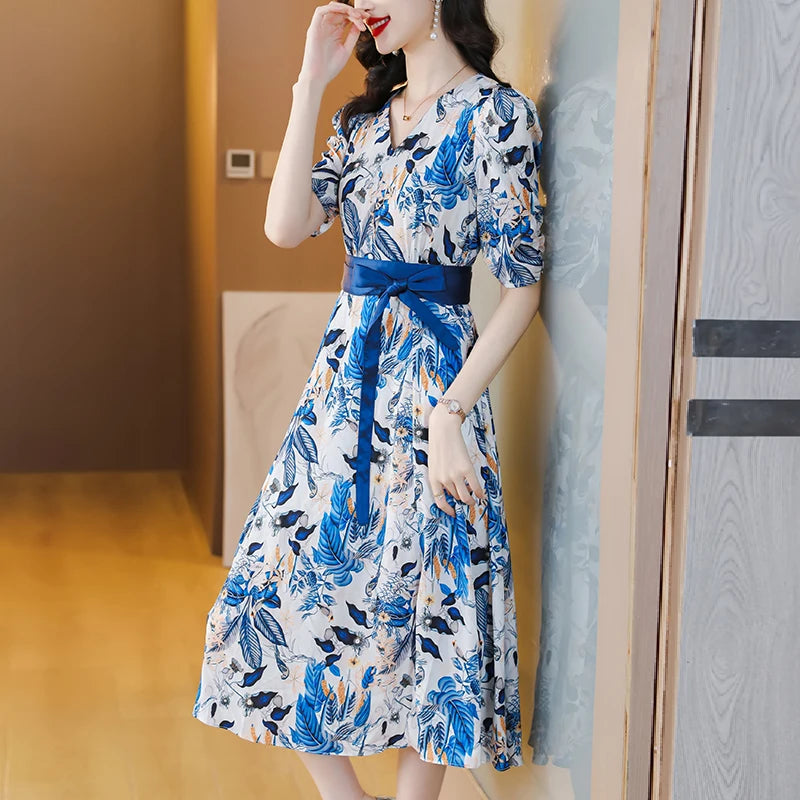 Boho Silk Chiffon Floral Midi Dress - V-Neck Vintage Sundress with Sash