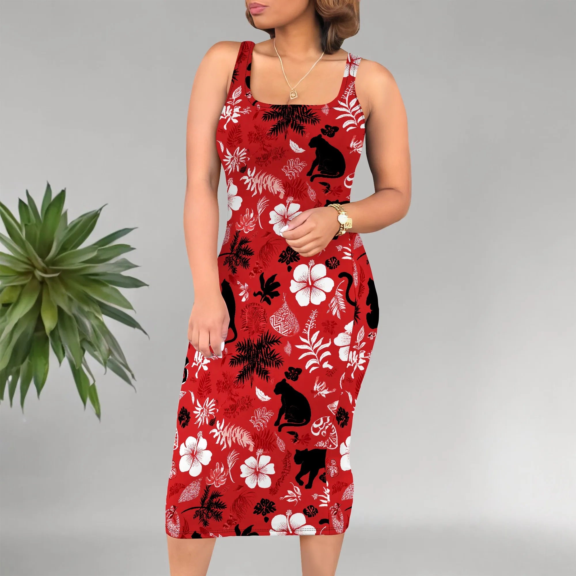 Boho Floral Midi Sundress with Pockets - Sleeveless Women's Tank Dress