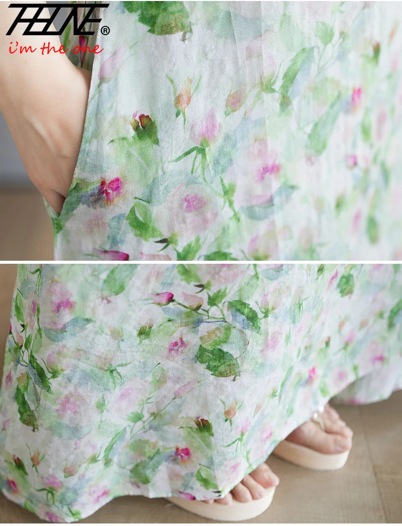 Boho Cotton Linen Floral Maxi Sundress - Sleeveless Vintage Beach Gown