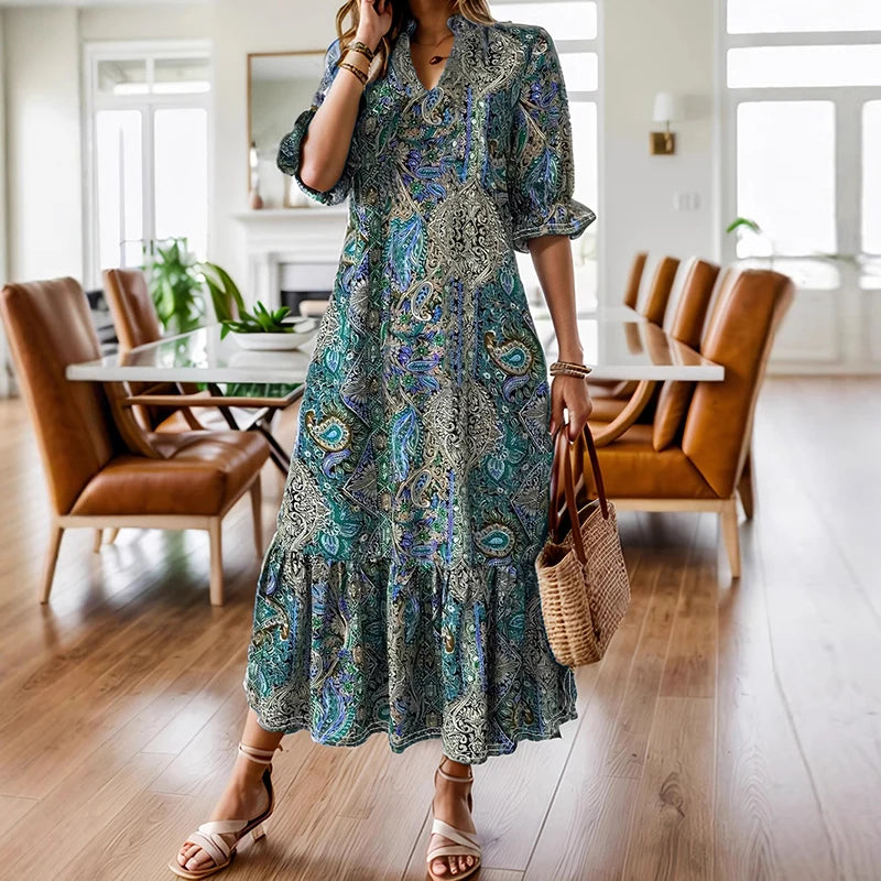 Boho V-Neck Floral Print Midi Dress - Half-Sleeve Plus Size Vacation Style