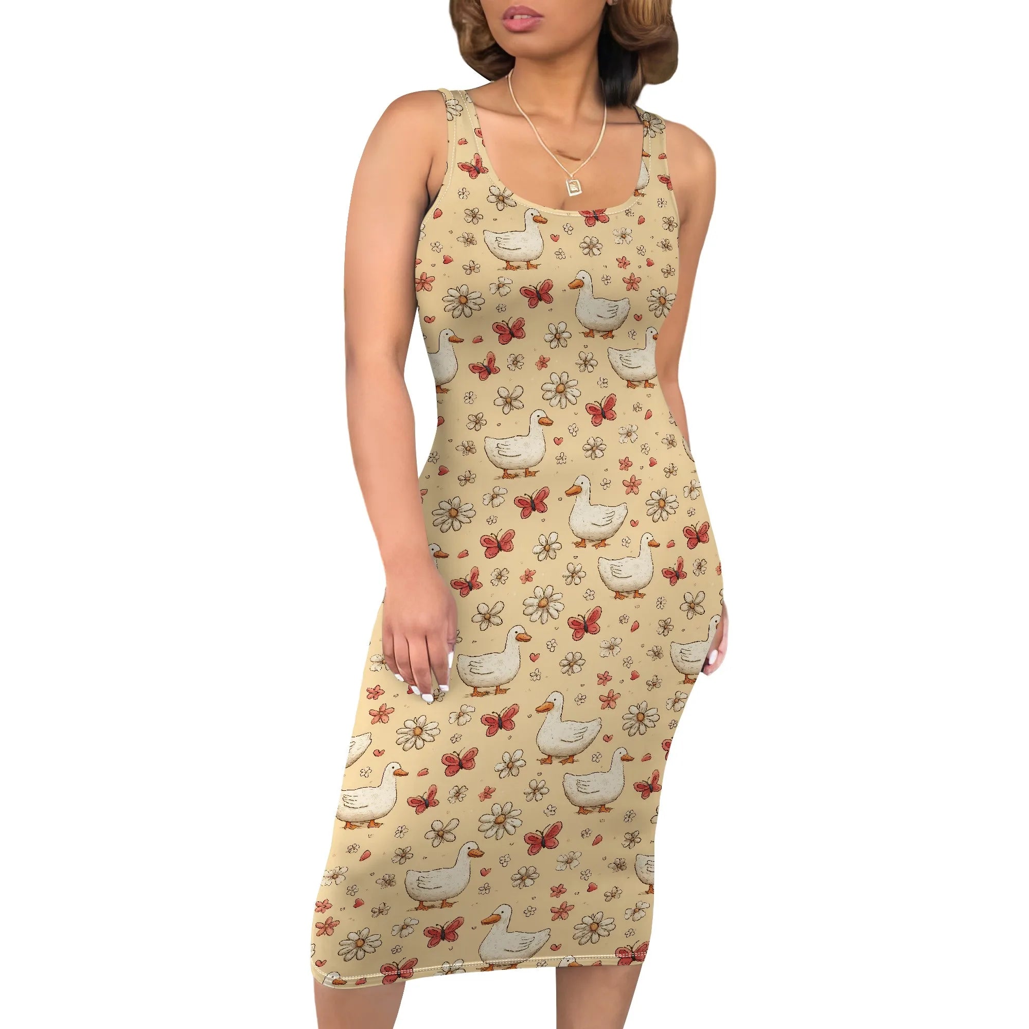 Boho Floral Midi Sundress with Pockets - Sleeveless Women's Tank Dress