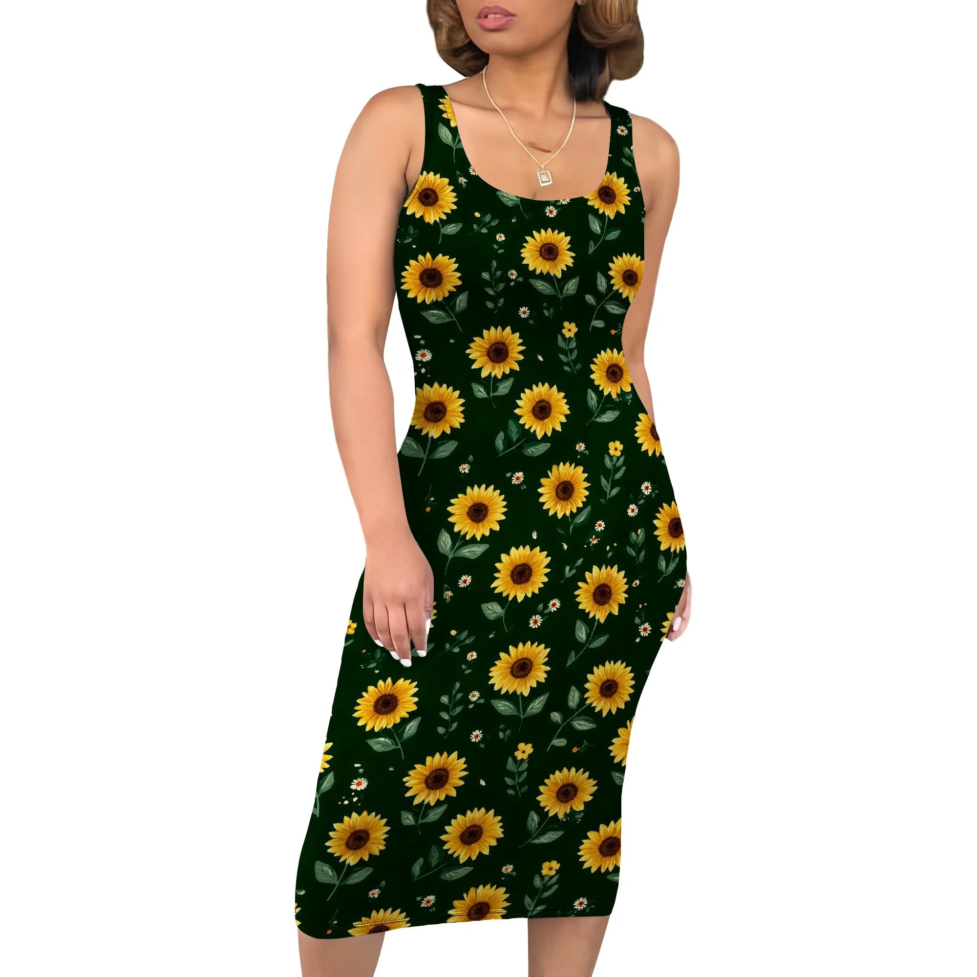 Boho Floral Midi Sundress with Pockets - Sleeveless Women's Tank Dress