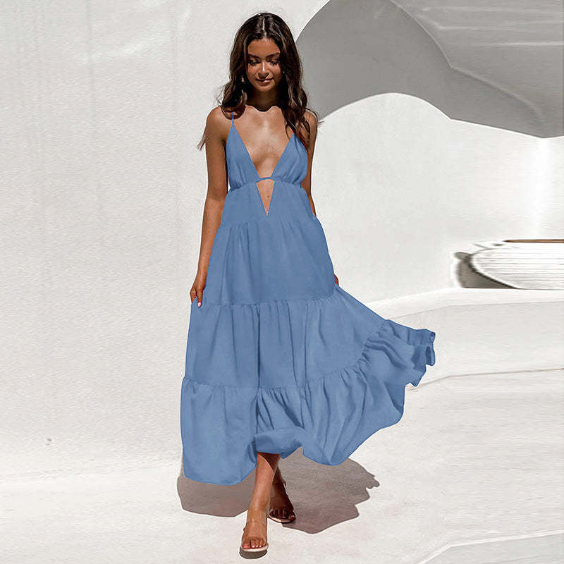 Boho Sling V-Neck Midi Dress - Backless High-Waist Summer Vacation Wear