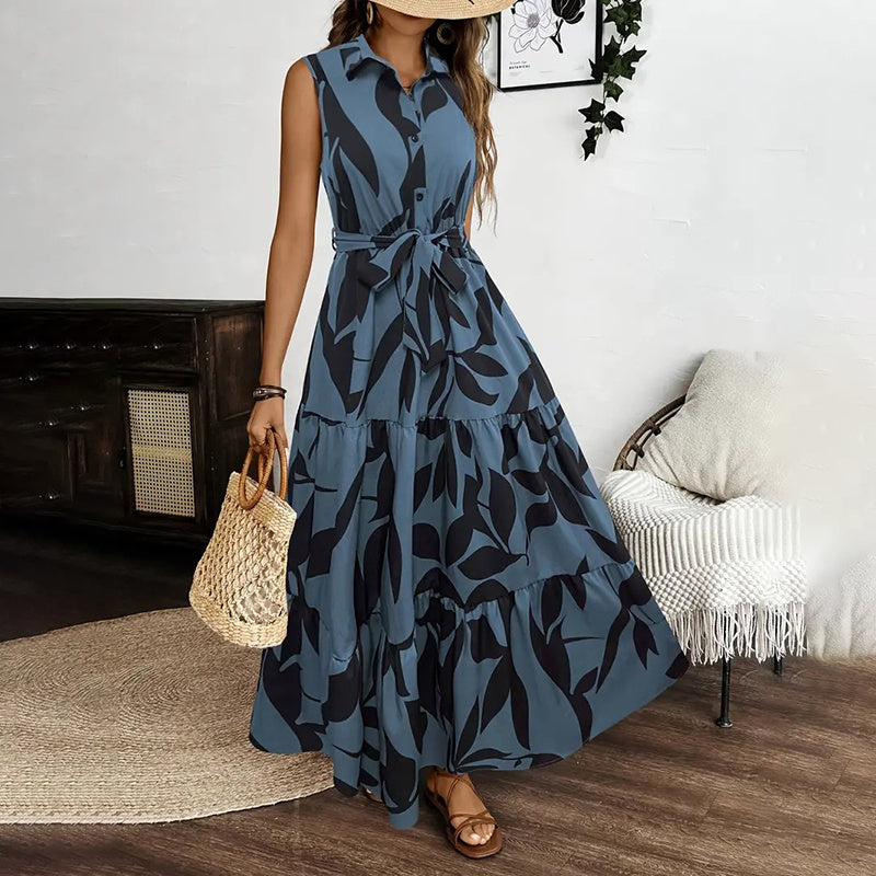 Boho Floral Maxi Dress with Belt - Sleeveless Tiered Summer Beach Dress